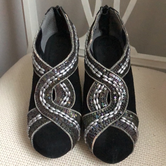 Black Suede Booties Beaded/Sequence - Picture 2 of 8